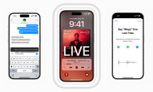 Three iPhones display three different accessibility features, including hover typing, music haptics, and new voice shortcuts.