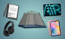 Coleman tent surrounded by Beats headphones, Samsung Galaxy Tab, MacBook Air, and Kindle Scribe with teal background