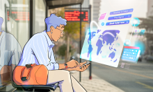 An illustration of a man sitting on bench looking at a screen.