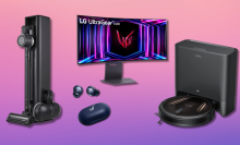 LG vacuum, Soundcore earbuds, LG monitor, and eufy robot vacuum with pink and purple gradient background