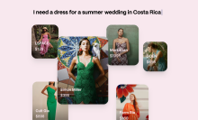 A sample prompt from Daydream's website — "I need a dress for a summer wedding in Costa Rica" — and photos of the results it may deliver.