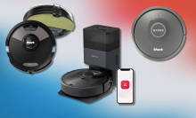 robot vacuums against a red, white, and blue background