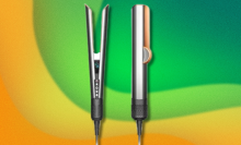 Dyson Airstrait hair straightener on green and yellow background