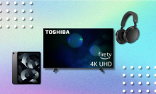 Apple iPad, Toshiba 4K TV, and Sennheiser wireless earbuds on pastel blue, green, and purple background