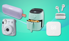 Bose SoundLink Flex speaker, Instax Mini 11, Dash air fryer, Amazon Echo Buds, and Amazon smart thermostat with teal background