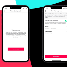 Two screenshots of the TikTok "filter video keywords" screen.