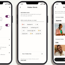 screenshots of Hinge Settings, Hidden Words, and Hidden Likes page