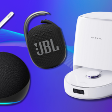 Apple Pencil, JBL Clip 4, Echo Dot, and Narwal robot vacuum with blue gradient background