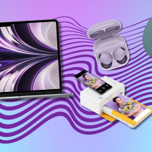 MacBook Air, Samsung Galaxy Buds, Kodak printer, Echo Pop speaker, and AirPods Pro with blue and purple background