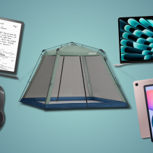 Coleman tent surrounded by Beats headphones, Samsung Galaxy Tab, MacBook Air, and Kindle Scribe with teal background