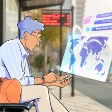 An illustration of a man sitting on bench looking at a screen.