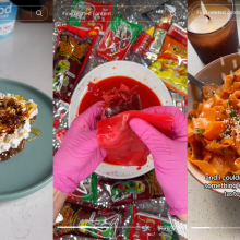 screenshots of tiktok foods, cottage cheese toast, chamoy pickle, and carrot salad