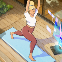 An illustration of a person doing yoga while mirroring a digital display.