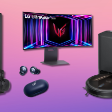 LG vacuum, Soundcore earbuds, LG monitor, and eufy robot vacuum with pink and purple gradient background