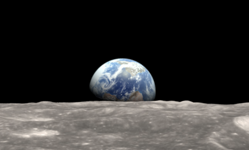 Earth as seen from the moon's orbit during the Apollo 8 mission in 1968, with updated color based on lunar and Earth observations.