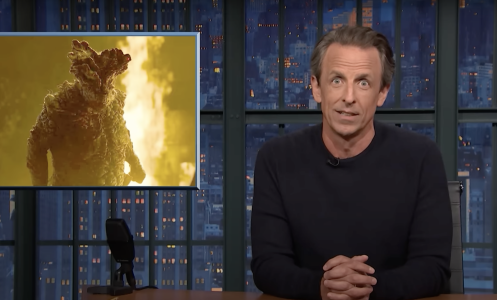 Seth Meyers presents "Late Night" beside an image from "The Last of Us."