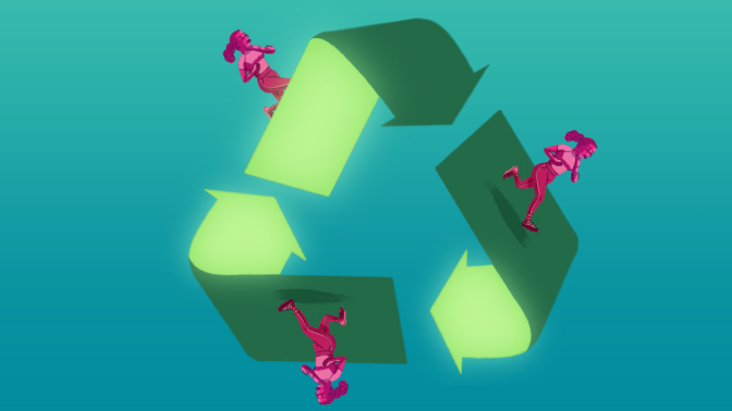 An illustration of a recycling symbol with people walking on top of it.