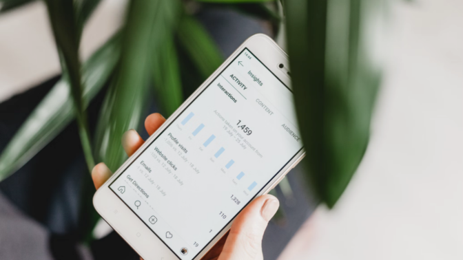 hand holding phone showing growth analytics on instagram