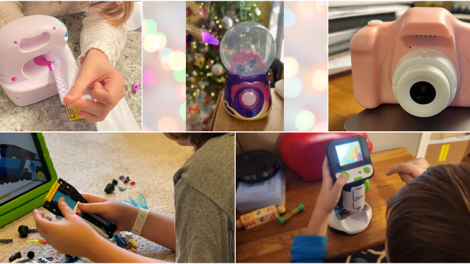 collage of toys: sewing machine, magic mixies crystal ball, digital camera, legos, microscope