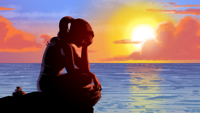 An image of a woman holding her head by the sea and setting sun.