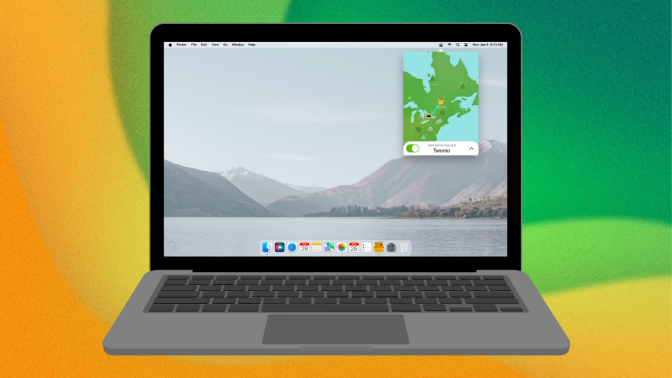 a mockup of the tunnelbear app on a cartoon macbook against a yellow and green abstract background