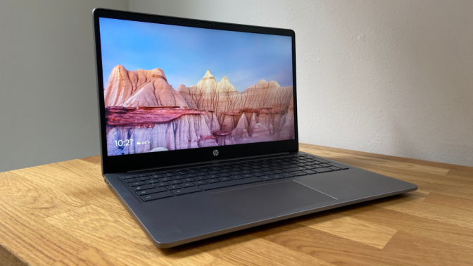 hp chromebook plus 15.6-inch on a wooden surface