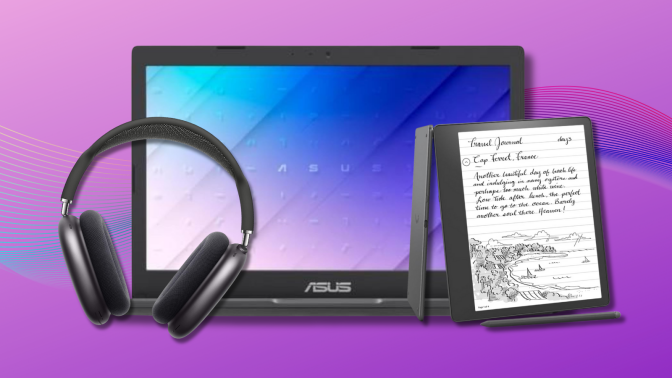 AirPods Max, Asus laptop, and Kindle Scribe with purple background