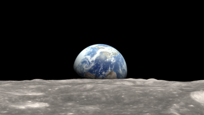 Earth as seen from the moon's orbit during the Apollo 8 mission in 1968, with updated color based on lunar and Earth observations.