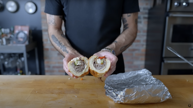 Binging with Babish shows the recreated Chicago-style Italian beef.