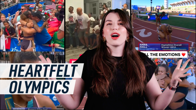 An image showing Mashable Social Media Editor Lily Kartiganer against a collage of athletes winning at the 2024 USA Olympic trials.