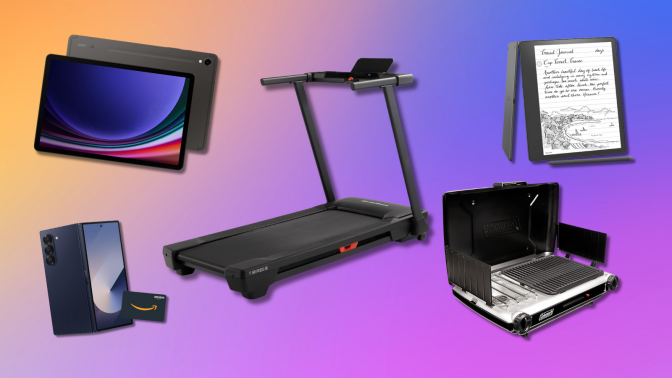 Samsung tablet and phone, NordicTrack treadmill, Coleman grill, and Kindle Scribe with colorful gradient background